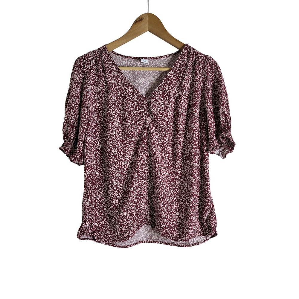 Old Navy M Burgundy Floral V-Neck Puff Sleeve Rayon Blouse Top Cottagecore